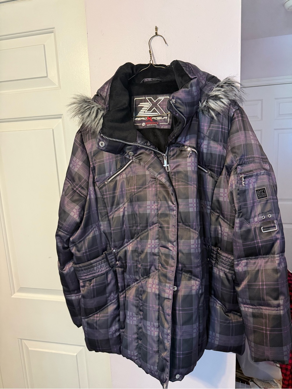 ZeroXposur Purple Plaid Insulated Puffer Coat with Faux Fur Trim